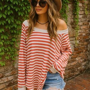 WE THE FREE Cream and Brick Striped Waffle Weave Top, M